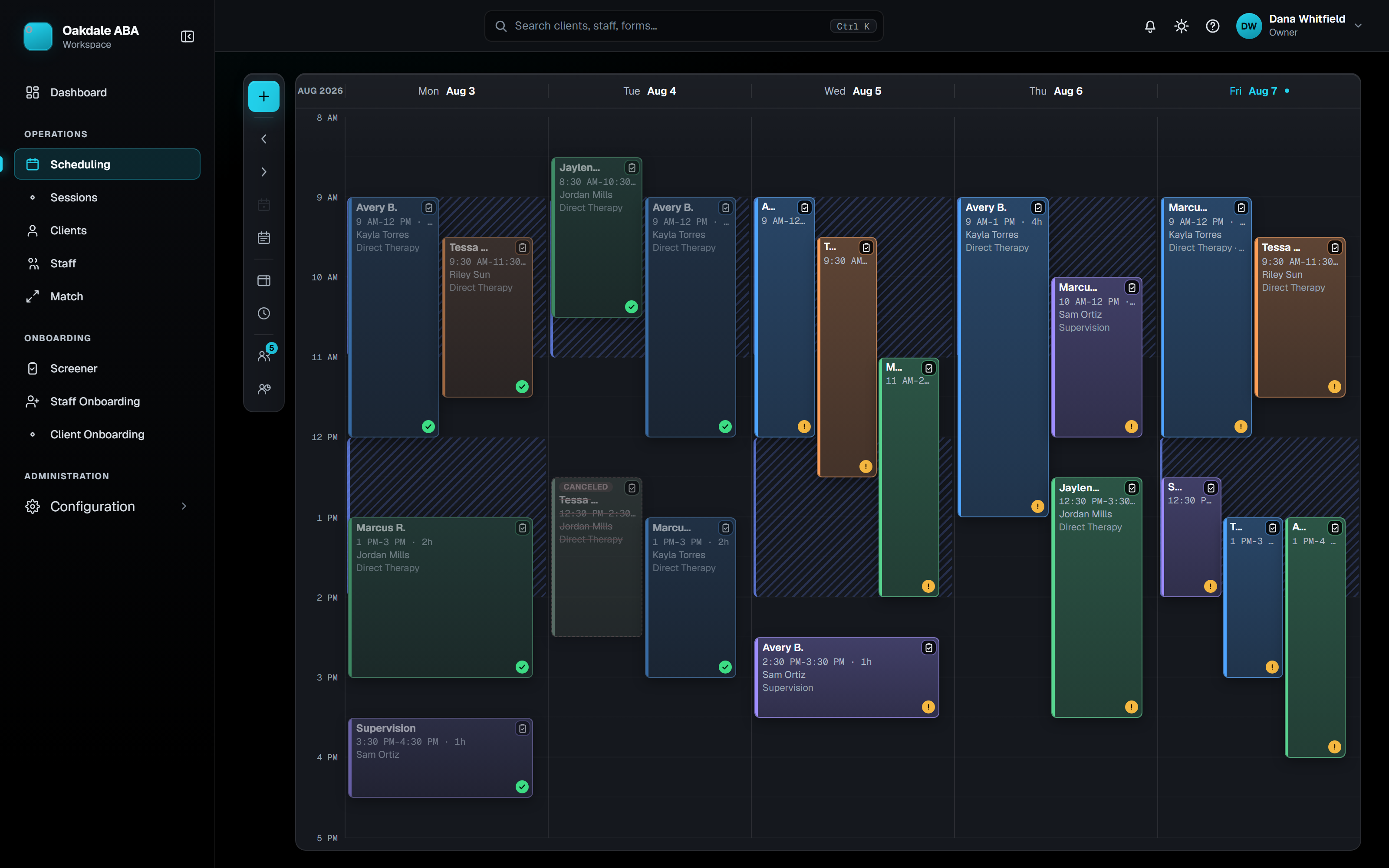Pairity Scheduling workspace showing a weekly ABA schedule with color-coded staff and client sessions, availability windows, and scheduling controls. All data is a fictional demo practice.